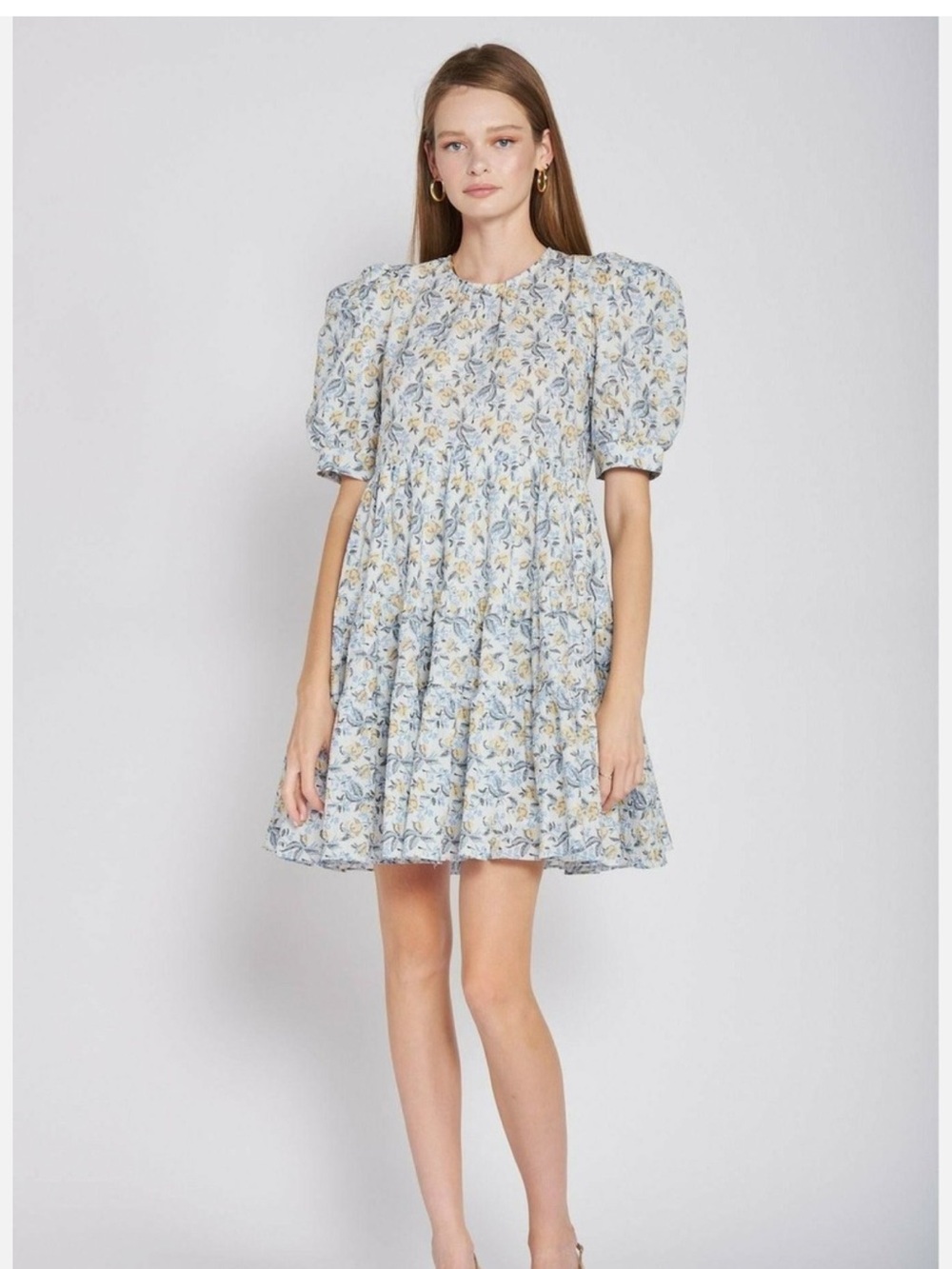 En Saison Blue and Cream Floral Puff-Sleeve Mini Dress